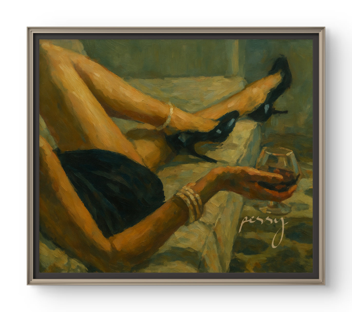 The one on the sofa with wine