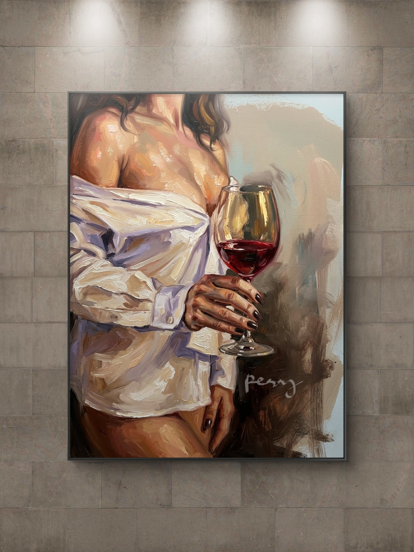 The one with the white shirt holding wine glass