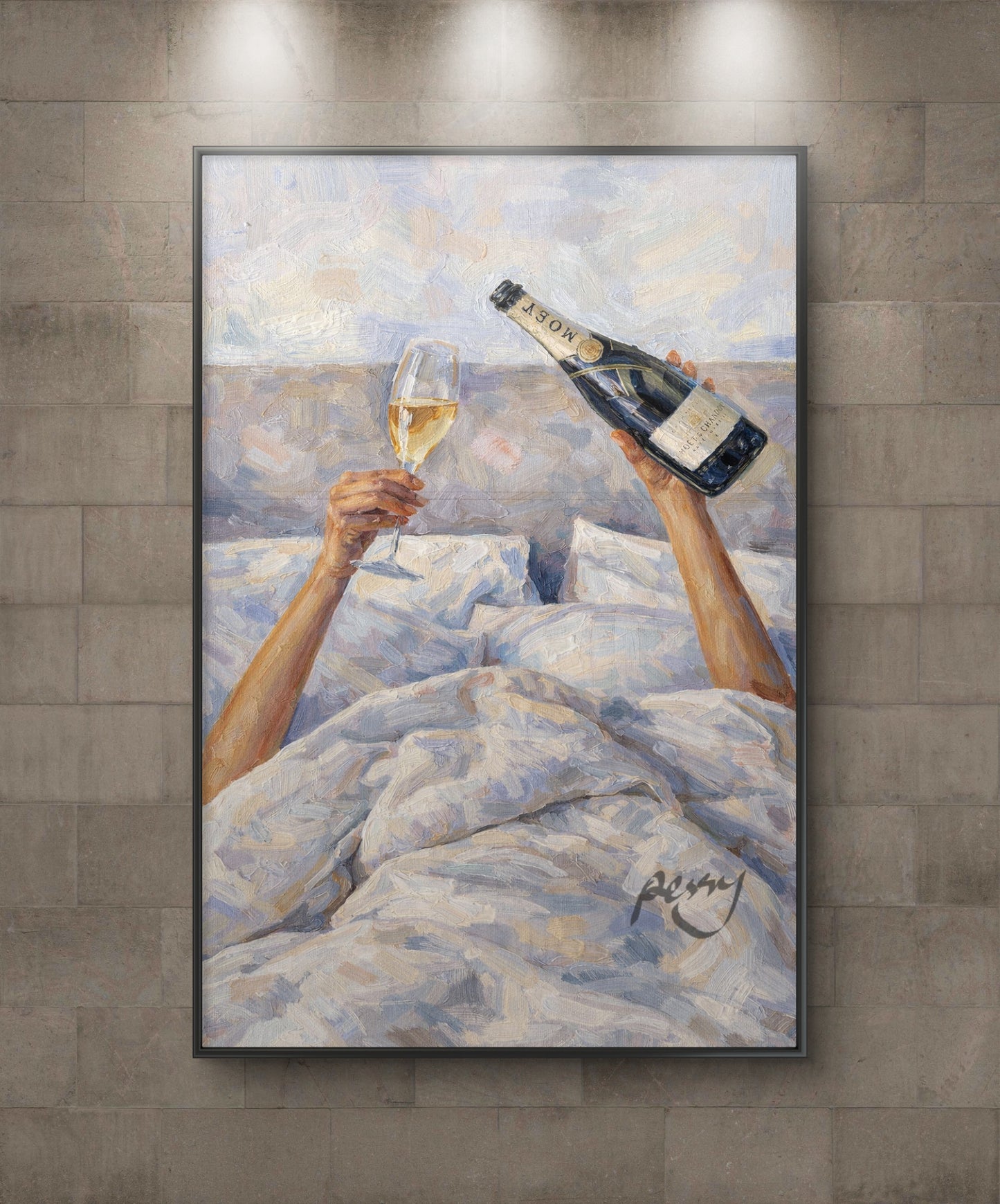 The one in bed with bottle and Wine glass