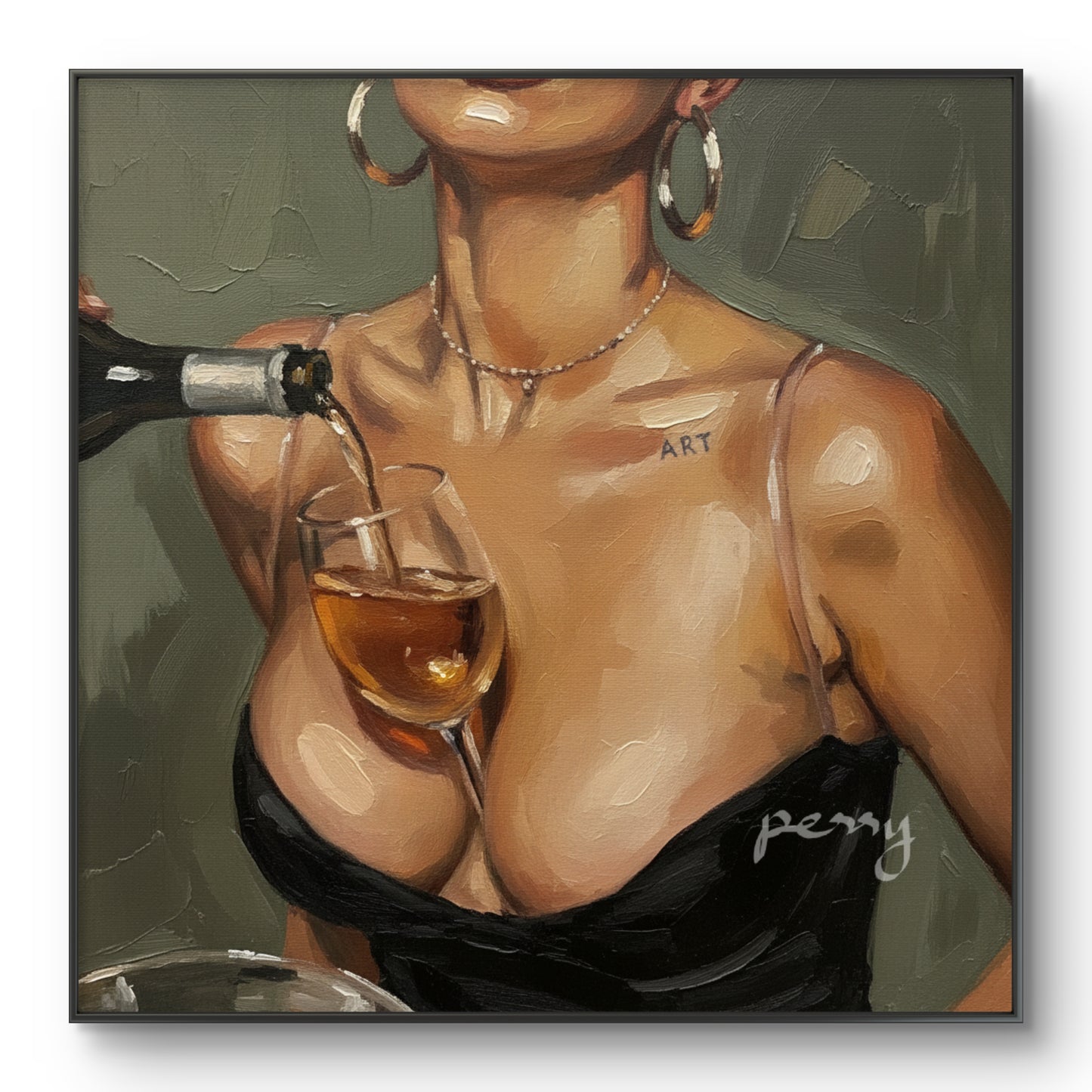 The one holding a wine glass on her chest