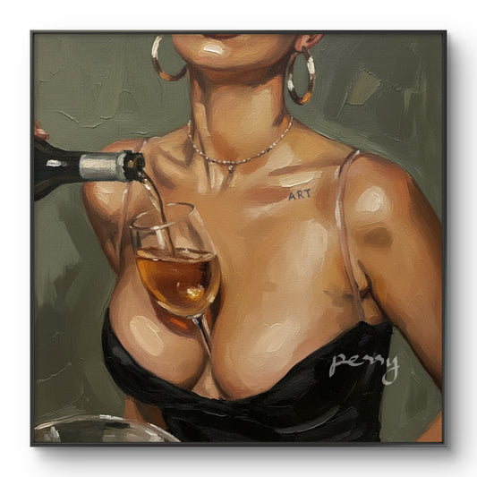 The one holding a wine glass on her chest