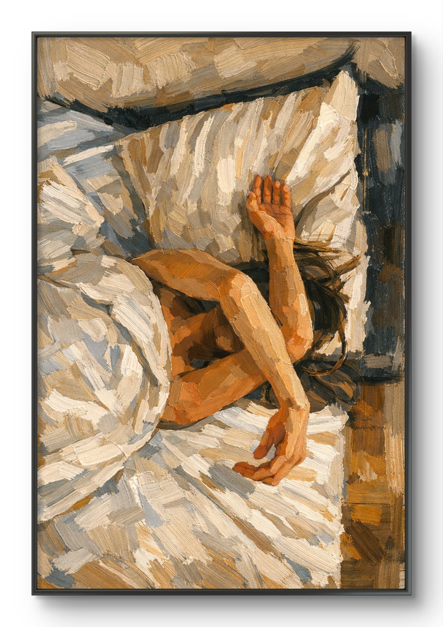 The one in bed covering her face with her arms