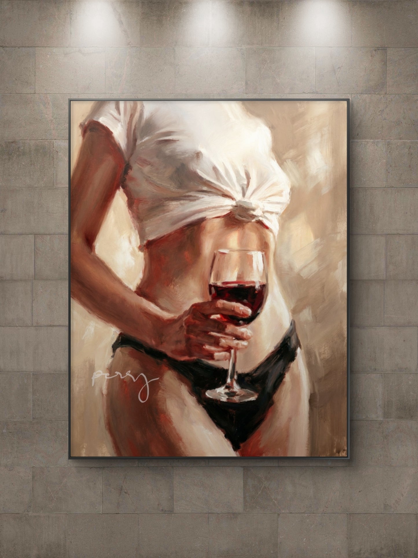 The one with the Tshirt tied up and holding her wine