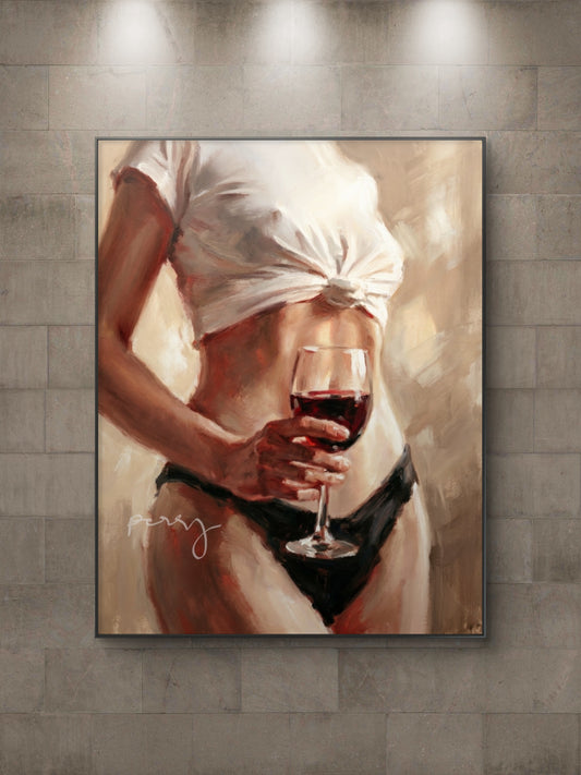 The one with the Tshirt tied up and holding her wine