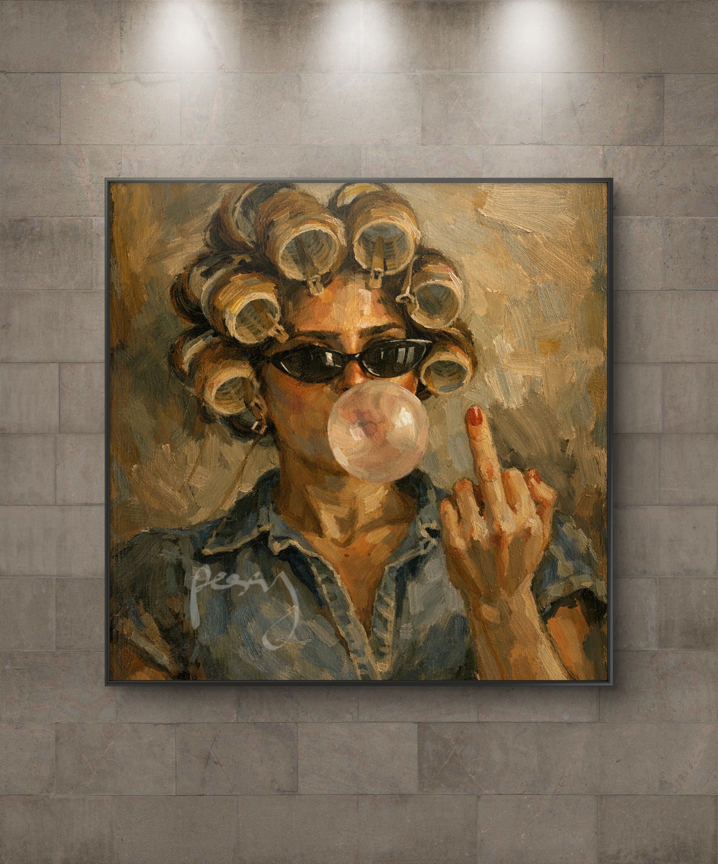 The one with the hair curler and bubble gum