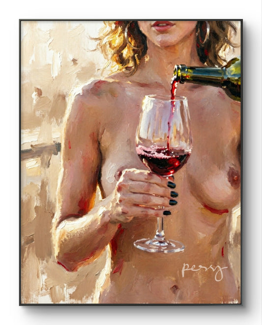 The one topless on the terrace drinking wine